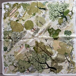 NWT Silk Scarf Nature Motifs GREEN Tones/Blush accents Stitched edges 21” Square